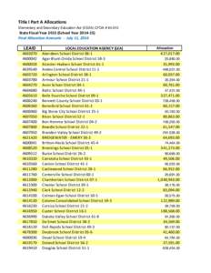 Title I Part A Allocations Elementary and Secondary Education Act (ESEA) CFDA # [removed]State Fiscal Year[removed]School Year[removed]Final Allocation Amounts - July 11, 2014 LEAID