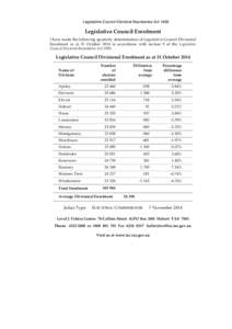 Legislative Council Electoral Boundaries Act[removed]Legislative Council Enrolment I have made the following quarterly determination of Legislative Council Divisional Enrolment as at 31 October 2014 in accordance with sect