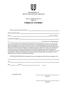 GOVERNMENT OF NEWFOUNDLAND AND LABRADOR THE CO-OPERATIVES ACT FORM 33  POWER OF ATTORNEY