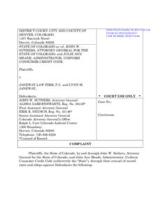 DISTRICT COURT, CITY AND COUNTY OF DENVER, COLORADO 1437 Bannock Street Denver, Colorado[removed]STATE OF COLORADO ex rel. JOHN W. SUTHERS, ATTORNEY GENERAL FOR THE