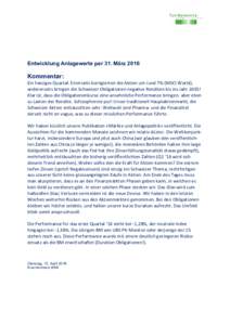 Entwicklung Anlagewerte per 31. MärzKommentar: Ein harziges Quartal: Einerseits korrigierten die Aktien um rund 7% (MSCI World), andererseits bringen die Schweizer Obligationen negative Renditen bis ins Jahr 2035