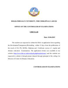 BHARATHIDASAN UNIVERSITY, TIRUCHIRAPPALLIOFFICE OF THE CONTROLLER OF EXAMINATIONS CIRCULAR