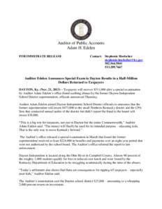 Auditor of Public Accounts Adam H. Edelen FOR IMMEDIATE RELEASE Contact: Stephenie Hoelscher [removed]