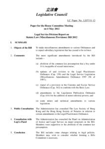 立法會 Legislative Council LC Paper No. LS57[removed]Paper for the House Committee Meeting on 4 May 2012 Legal Service Division Report on