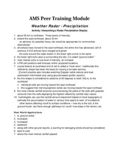 AMS Peer Training Module Weather Radar - Precipitation Activity: Interpreting a Radar Precipitation Display 1. about 55 km to northwest. Three levels of intensity. 2. toward the east-northeast, about 30 km an advisory fo