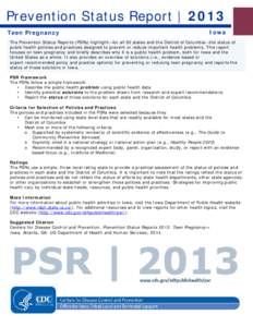 Prevention Status Report | 2013  Teen Pregnancy Iowa