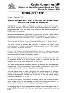 Kevin Humphries MP Minister for Natural Resources, Lands and Water Minister for Western NSW MEDIA RELEASE Monday 8 September 2014