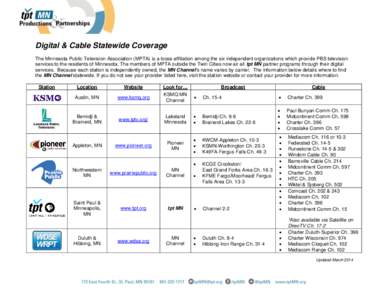 Digital & Cable Statewide Coverage The Minnesota Public Television Association (MPTA) is a loose affiliation among the six independent organizations which provide PBS television services to the residents of Minnesota. Th