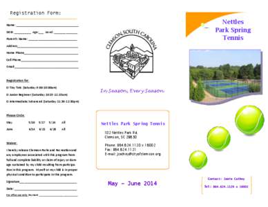 Registration Form:  Nettles Park Spring Tennis