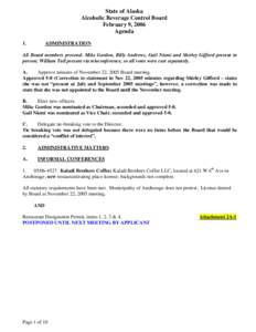 State of Alaska Alcoholic Beverage Control Board February 9, 2006 Agenda 1.