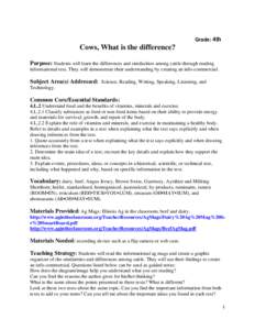 Grade: 4th  Cows, What is the difference? Purpose: Students will learn the differences and similarities among cattle through reading informational text. They will demonstrate their understanding by creating an info-comme