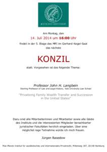 Am Montag, den  14. Juli 2014 um 16:00 Uhr findet in der 5. Etage des MPI im Gerhard-Kegel-Saal das nächste