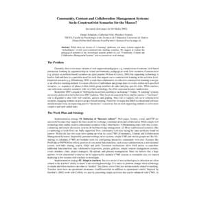 Community, Content and Collaboration Management Systems: Socio-Constructivist Scenarios for the Masses? [accepted short paper for Ed-Media[removed]Daniel Schneider, Catherine Frété, Paraskevi Synteta TECFA, Faculté de P