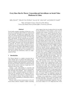 Every Rose Has Its Thorn: Censorship and Surveillance on Social Video Platforms in China Jeffrey Knockel1,2 , Masashi Crete-Nishihata2 , Jason Q. Ng2 , Adam Senft2 , and Jedidiah R. Crandall1 1  2