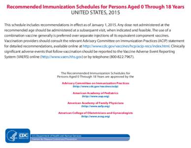 Recommended Immunization Schedules for Persons Aged 0­­­Through 18 Years UNITED STATES, 2015 This schedule includes recommendations in effect as of January 1, 2015. Any dose not administered at the recommended age s