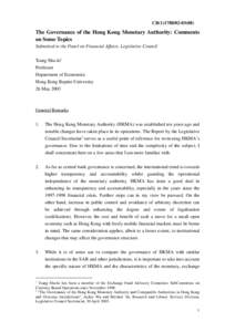 CB[removed])  The Governance of the Hong Kong Monetary Authority: Comments on Some Topics Submitted to the Panel on Financial Affairs, Legislative Council Tsang Shu-ki1