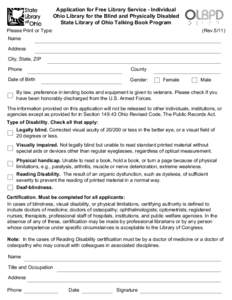 Application for Free Library Service - Individuals - Ohio Library for the Blind and Physically Disabled