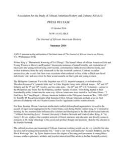  Association for the Study of African American History and Culture (ASALH)    PRESS RELEASE    15 October 2014 