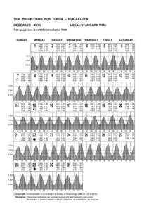 TIDE PREDICTIONS FOR TONGA – NUKU’ALOFA DECEMBER – 2014 LOCAL STANDARD TIME  Tide gauge zero is[removed]metres below TON1