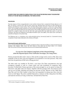 Primary Source Document with Questions (DBQs) EXCERPTS FROM THE COMPLETE COMPILATION OF THE COLLECTED WRITINGS ABOUT THE DEPARTED SPIRITS OF THE VIỆT REALM: SOVEREIGNS, THE TRƯNG SISTERS