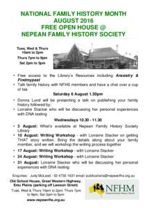 NATIONAL FAMILY HISTORY MONTH AUGUST 2016 FREE OPEN HOUSE @ NEPEAN FAMILY HISTORY SOCIETY Tues, Wed & Thurs 10am to 2pm