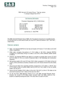 Thursday, 5 September 2013 Page 1 of 4 S&B Industrial Minerals Group – Trading update Thursday 5 September 2013