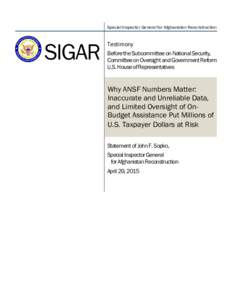 Special Inspector General for Afghanistan Reconstruction  SIGAR Testimony Before the Subcommittee on National Security,