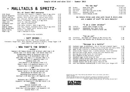 Sample drink and wine list -  “At the hop” - MALLTAILS & SPRITZALL at least 50ml measures Silk Clover