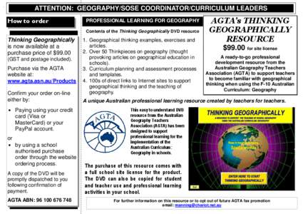 .  ATTENTION: GEOGRAPHY/SOSE COORDINATOR/CURRICULUM LEADERS How to order  PROFESSIONAL LEARNING FOR GEOGRAPHY