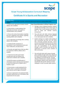 Scope Young Ambassadors Curriculum Mapping 	
   Certificate IV in Sports and Recreation 	
  