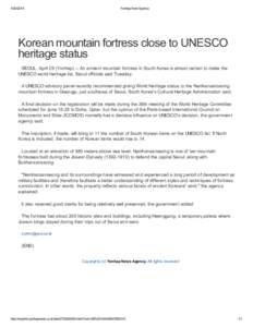 [removed]Yonhap New Agency Korean mountain fortress close to UNESCO heritage status