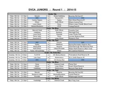 DVCA JUNIORS : Round 1 : [removed]Under 18s Friday 10th Oct Friday 10th Oct Friday 10th Oct Friday 10th Oct