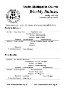 Altofts Methodist Church  Weekly Notices Sunday 18th May  Lectionary (Year A)Easter 5