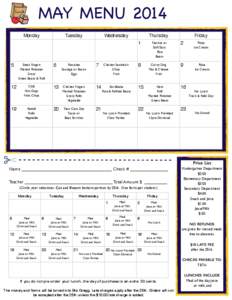 MAY MENU 2014 Monday Tuesday  !!