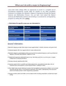 What can I do with a major in Engineering? Lewis-Clark State College offers an opportunity to enroll in a complete set of foundational engineering courses ready for transfer to any other accredited institution to complet