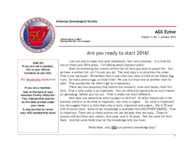 Arkansas Genealogical Society  AGS Ezine Johnny Mann, editor George Mitchell, list manager