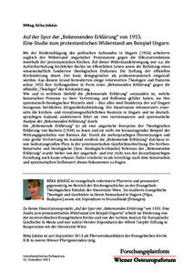 MMag. Réka Juhász     Auf der Spur der „Bekennenden Erklärung“ von 1955.  Eine Studie zum protestantischen Widerstand am Beispiel Ungarn 