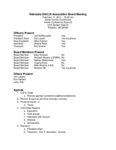 Nebraska GIS/LIS Association Board Meeting February 11, 2011 – 10:00 am Sarpy County Courthouse Admin Conference Room B 1210 Golden Gate Dr Papillion, NE 68046