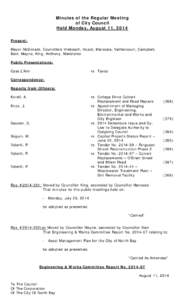 Minutes of the Regular Meeting of City Council Held Monday, August 11, 2014