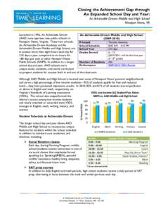 Closing the Achievement Gap through An Expanded School Day and Year: An Achievable Dream Middle and High School Newport News, VA Launched in 1992, An Achievable Dream An Achievable Dream Middle and High School