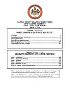 FAIRFAX COUNTY BOARD OF SUPERVISORS 2016 GENERAL ASSEMBLY FINAL LEGISLATIVE REPORT March 15, 2016  Section I (Pages 1-50)