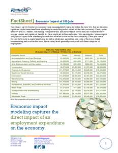 FactSheet} Economic Impact of 100 Jobs The value of a job to Kentucky’s economy varies meaningfully by industry within the state. Jobs that are based on significant capital investment have a tendency to create the grea