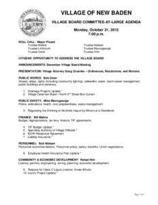 VILLAGE OF NEW BADEN VILLAGE BOARD COMMITTEE-AT-LARGE AGENDA Monday, October 21, 2013 7:00 p.m. ROLL CALL: Mayor Picard Trustee Malina