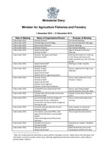 Ministerial Diary 1 Minister for Agriculture Fisheries and Forestry 1 December 2013 – 31 December 2013 Date of Meeting 2 December[removed]December 2013