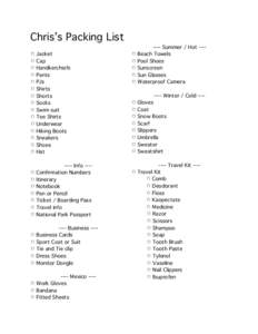 ! ! Chris’s Packing List! !