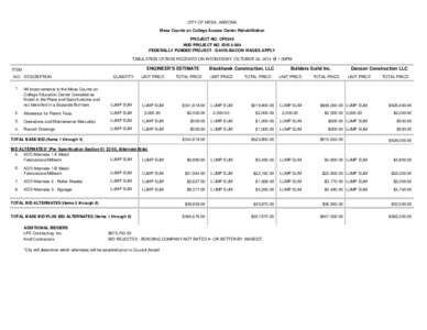 CITY OF MESA, ARIZONA Mesa Counts on College Access Center Rehabilitation PROJECT NO. CP0346 HUD PROJECT NO. IDIS[removed]FEDERALLY FUNDED PROJECT - DAVIS-BACON WAGES APPLY TABULATION OF BIDS RECEIVED ON WEDNESDAY, OCTOBER