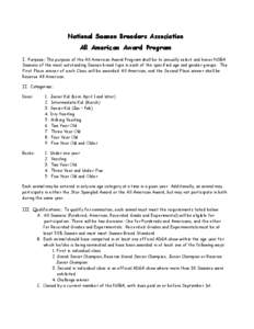 National Saanen Breeders Association All American Award Program I. Purpose: The purpose of the All American Award Program shall be to annually select and honor NSBA