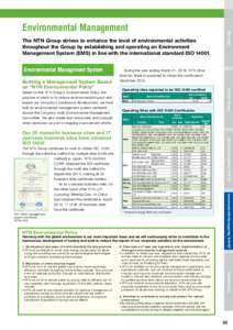 The NTN Group strives to enhance the level of environmental activities throughout the Group by establishing and operating an Environment Management System (EMS) in line with the international standard ISOEnvironm