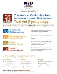 National Office 7677 Oakport Street #1030, Oakland, CA[removed]9792 or www.nidonline.org The state of California’s free foreclosure prevention program