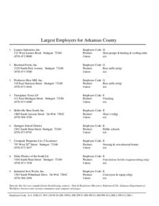 Largest Employers for Arkansas County 1 . Lennox Industries, Inc. 512 West Lennox Road Stuttgart[removed][removed]Riceland Foods, Inc.